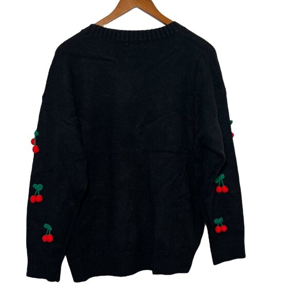3D Knit Cherry Sweater Oversized Slouchy Black Whimsigoth Preppy Indie Medium - Picture 3 of 10
